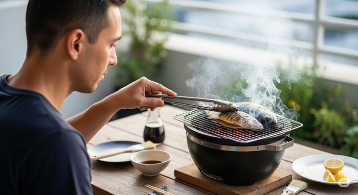陶器製の一人用七輪で魚を炭火焼きする様子