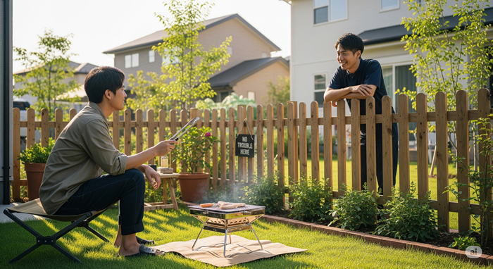 BBQをやることを隣人に話している様子