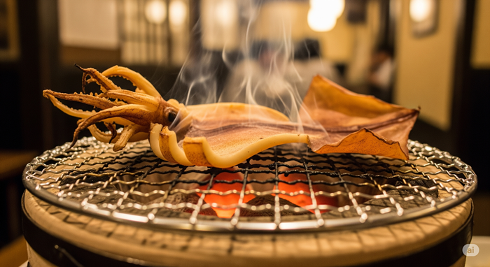 七輪で干したイカを炭火焼きしている光景