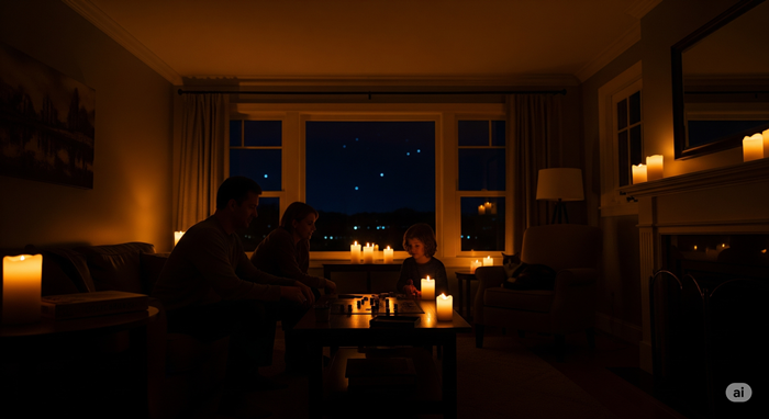 夜にローソクだけで生活している光景