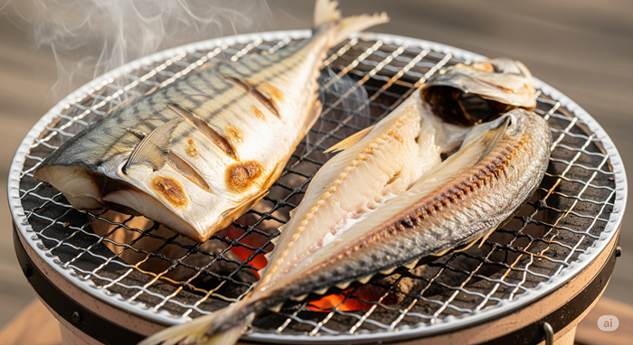 七輪で魚を炭火焼きしている光景