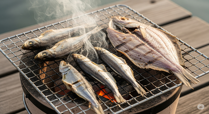 七輪の上で複数の魚の干物を炭火焼きしている光景