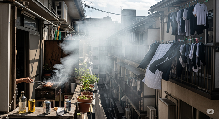 炭火焼きで煙がでて近所の洗濯物にかかってトラブルになりそうな光景