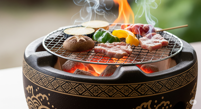 陶器製の七輪で肉や野菜を炭火焼きしている様子