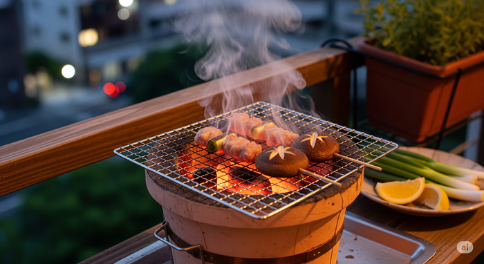 七輪で串焼きをしている光景