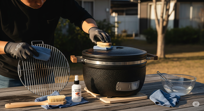 陶器製七輪の手入れをしている様子
