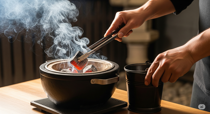 七輪で使用した炭の火消しを行っている様子