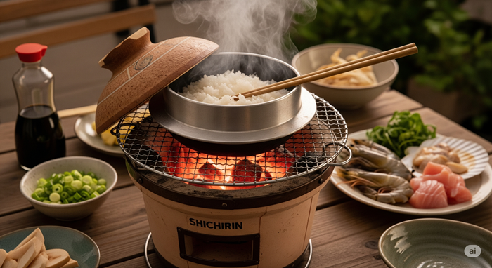 七輪でご飯を炊いている光景
