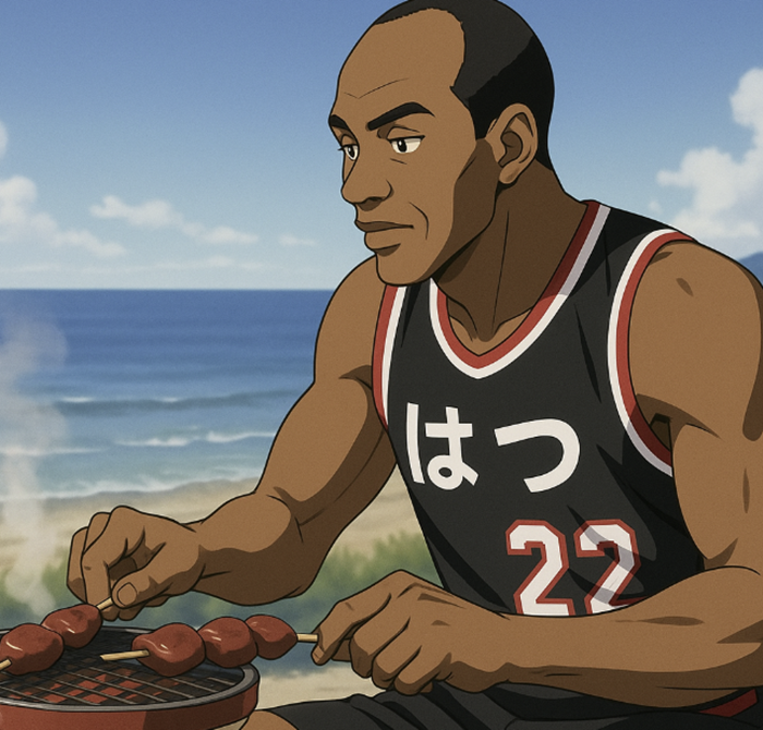 バスケ選手が焼き鳥を食べているイメージ画像