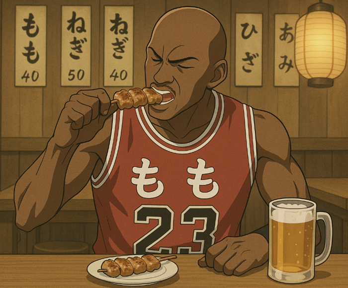 バスケ選手が焼き鳥を食べているイメージ画像