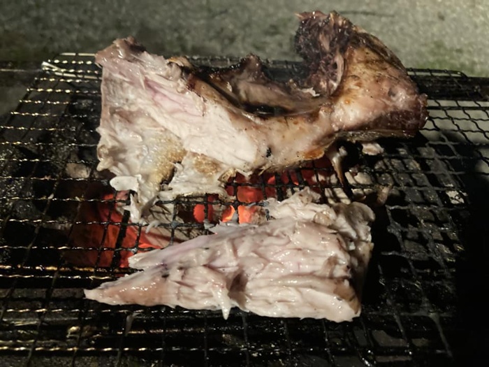 七輪でマグロのカマを焼いているところ